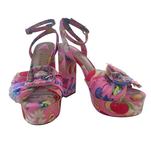 GIANNI BINI Pink Tobias Linen Mismatched Buckle Platform Sandals Heels 7.5 NEW - Picture 2 of 11
